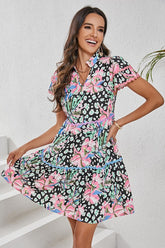 Women Floral V Neck Ricrac Embellished Tiered Mini Dress Zarnesh